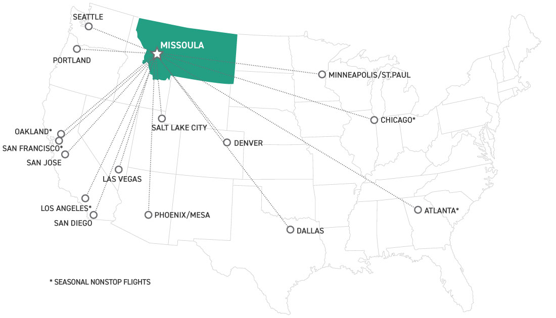 Direct flight map for the Missoula International Airport