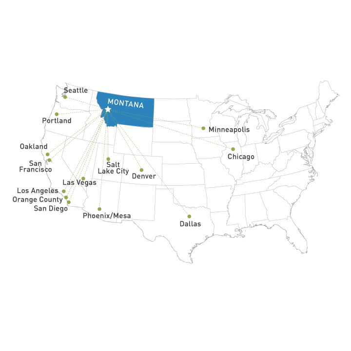 Direct flight map for the Missoula International Airport